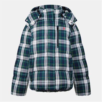 Green checkered hooded down jacket - waterproof warm winter coat, brand red pony embroidery, suitable for men's fashionable outdoor wear and women's wear - checkered fabric, XXL