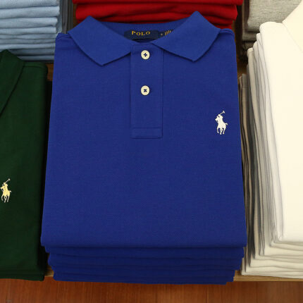 Men's Royal Blue Polo Shirt with White Horse Logo - High quality Pic cotton slim fit business casual brand short sleeved top - dark blue, S