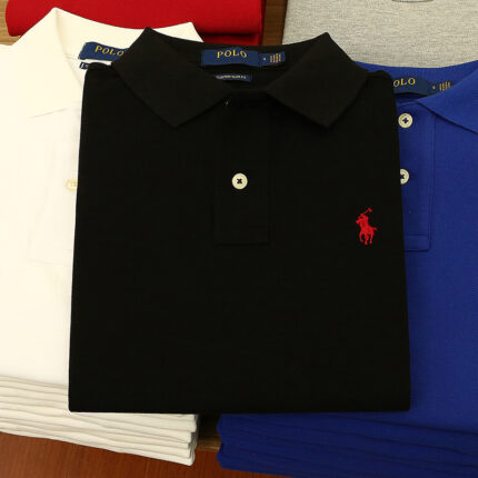 Men's black polo shirt with red pony logo - pearl cotton slim fit business casual short sleeved shirt - BLACK, S