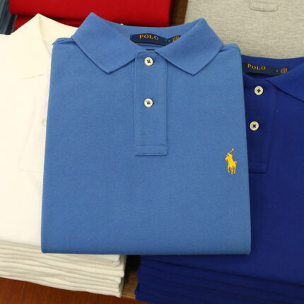 Men's white polo shirt with black pony logo - high-quality Pic cotton slim fit business casual short sleeved top - BLUE, M