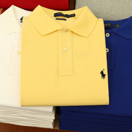 Men's light blue brand polo shirt with yellow pony logo - Pic cotton slim fit business casual short sleeved top - pale yellow, S