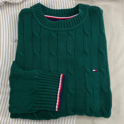 2026 Fall/Winter Vintage Cable-Knit Crewneck Sweater Dark Green American Casual Knitwear Unisex Style - GREEN, M