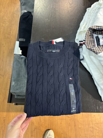 Brand Burgundy Cable-Knit Sweater American Classic Crewneck Warm Top Fall/Winter Casual Versatile Layer - dark blue, L