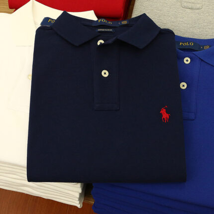 Men's navy blue polo shirt with red pony logo - pearl cotton slim fit business casual short sleeved shirt - dark blue, XS