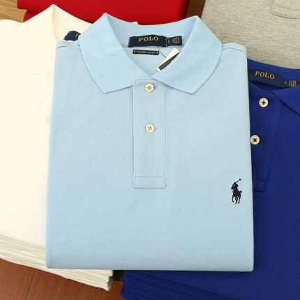 Men's brand orange polo shirt, pony logo - pearl cotton slim fit, casual and fashionable short sleeved top - BLUE, S