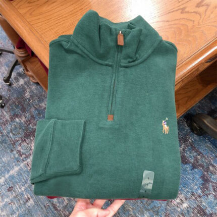 Gray Half-Zip Knit Top: Brand's Classic Pony Logo Autumn/Winter Textured Top - GREEN, XL