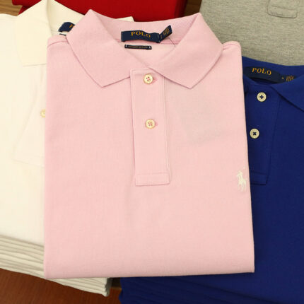 Men's brand orange polo shirt, pony logo - pearl cotton slim fit, casual and fashionable short sleeved top - pink, S