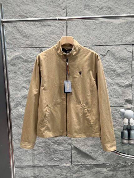 Brand men's beige stand up collar jacket: pony embroidery high-end casual zipper jacket - tawny, S