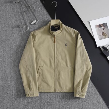 Khaki casual brand jacket - men's spring and autumn timeless unisex jacket with minimalist embroidery - tawny, L