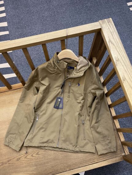 Khaki hooded brand jacket - Men's waterproof outdoor casual jacket with adjustable drawstring - brown, S