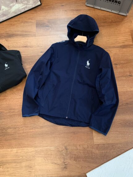 Brand black hooded windbreaker jacket - lightweight and waterproof outdoor casual men's jacket - dark blue, S