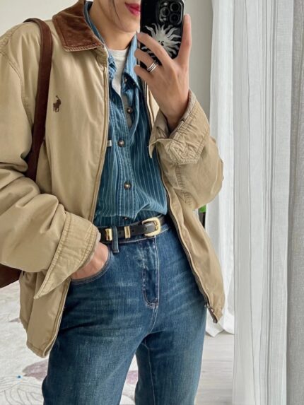 Brand retro style men's khaki jacket with lapel embroidery, corduroy collar, long sleeved casual jacket - tawny, XL