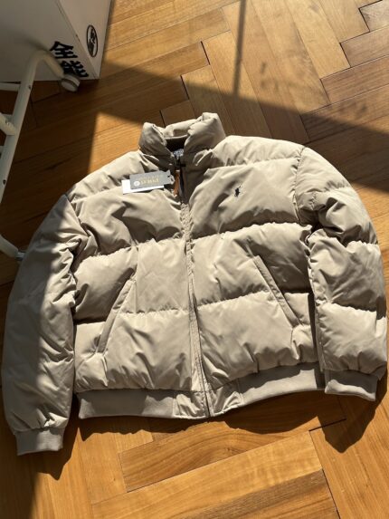 Light Khaki Stand-Up Collar Down Jacket with Mini Horse Embroidery Logo Brand: Puffy & Warm Casual Commuter Style