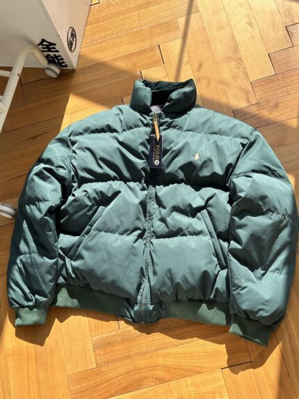 Light Khaki Stand-Up Collar Down Jacket with Mini Horse Embroidery Logo Brand: Puffy & Warm Casual Commuter Style - GREEN, L