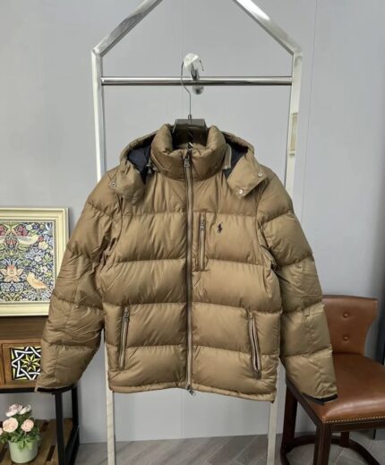 Men's Camel Hooded Down Jacket - Classic Brand Pony Logo Quilted Coat, Multi Pocket Warm Winter Clothing - YELLOW, S