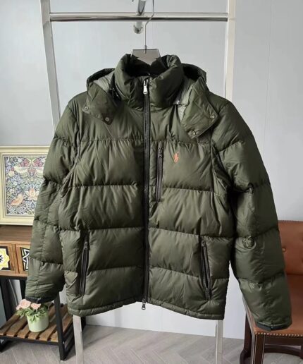 Men's Olive Green Hooded Down Jacket - Brand Fashion Pony Embroidered Coat, Men's Warm and Windproof Winter Wear - GREEN, XXL
