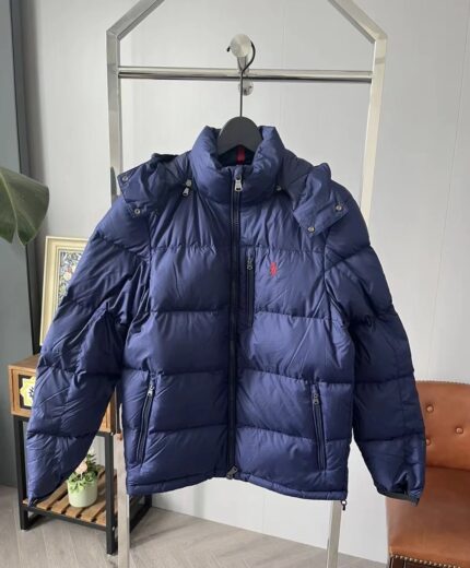 Men's Olive Green Hooded Down Jacket - Brand Fashion Pony Embroidered Coat, Men's Warm and Windproof Winter Wear - BLUE, XXL