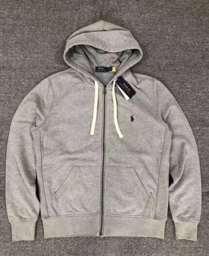 Light Grey Brand Full Zipper Hoodie - Classic Pony Logo Soft Sweatshirt Multi functional Men's Casual Daily Hoodie - grey, M