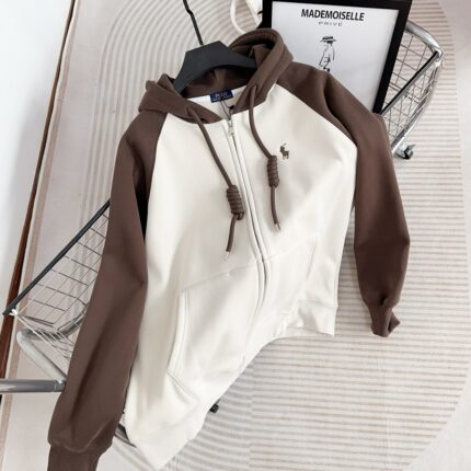 Black and white color blocked brand hooded sweatshirt - zipper design, with pony embroidery casual men's hooded sweatshirt - brown, XXL