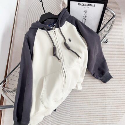 Black and white color blocked brand hooded sweatshirt - zipper design, with pony embroidery casual men's hooded sweatshirt - grey, S