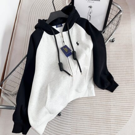 Black and white color blocked brand hooded sweatshirt - zipper design, with pony embroidery casual men's hooded sweatshirt - BLACK, L