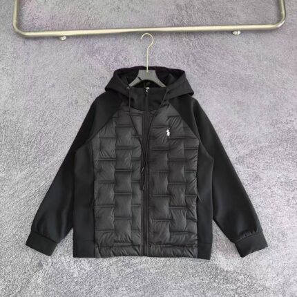 Men's hooded quilted jacket: Brand logo pony embroidery warm and lightweight zipper jacket (olive color) - BLACK, XL