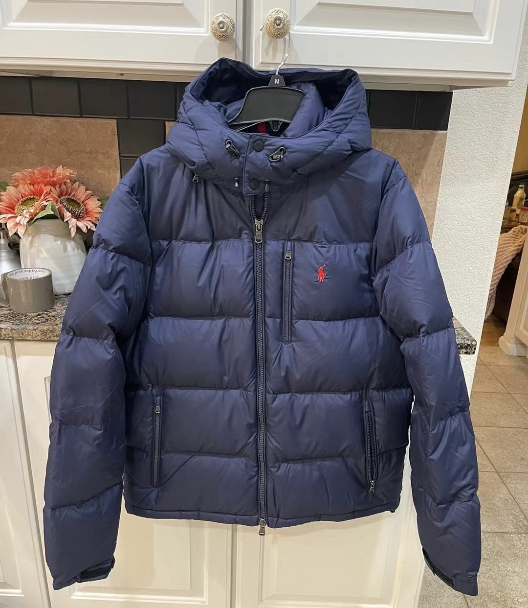 Click to view full screen Navy Blue Hooded Down Jacket - Thick Warm Winter Waterproof Jacket with Brand Red Logo, Suitable for Men's Daily and Leisure Use photo review