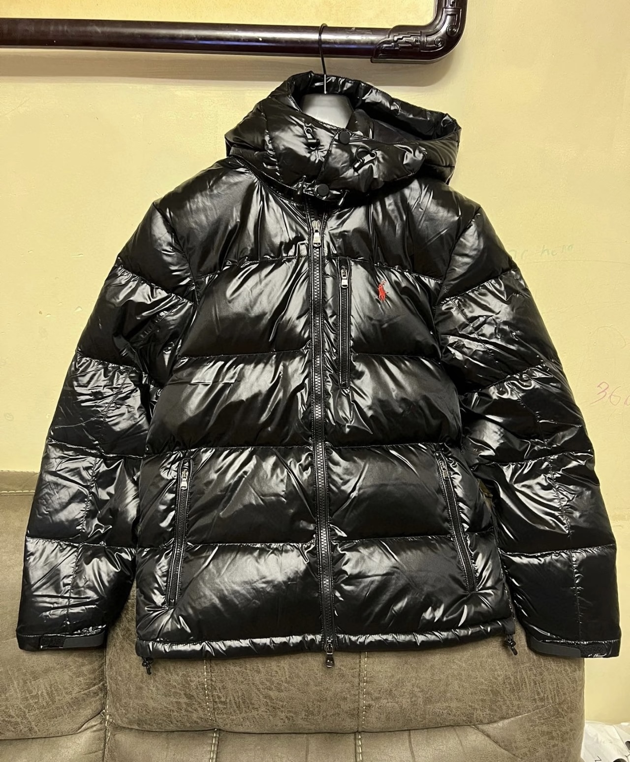 Click to view full screen Black shiny brand hooded down jacket - waterproof and warm winter coat, red pony embroidery, suitable for men's fashion and outdoor wear photo review