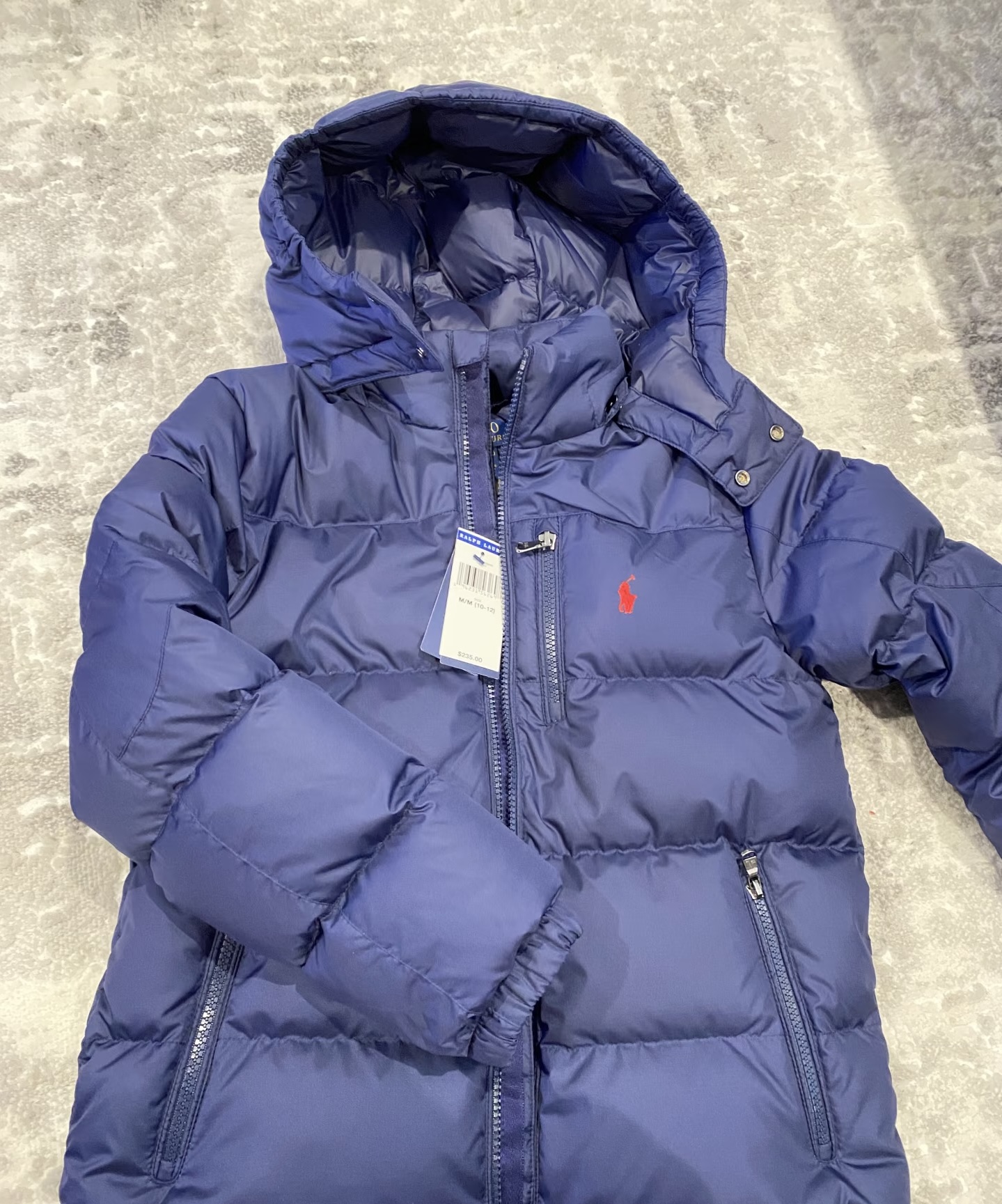 Click to view full screen Navy Blue Hooded Down Jacket - Brand Waterproof Warm Winter Coat with Red Pony Embroidery, Suitable for Men's Outdoor and Daily Wearing photo review