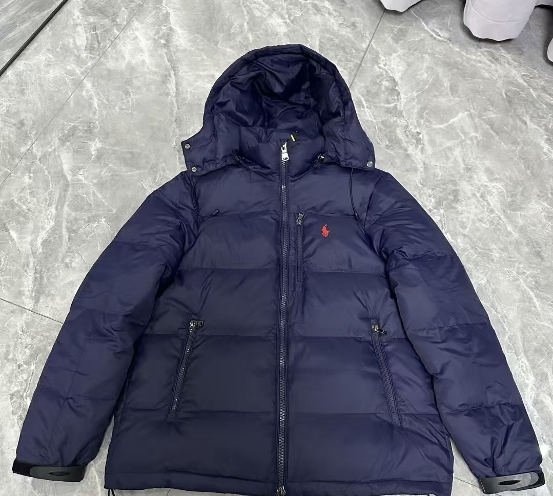 Click to view full screen Navy Blue Hooded Down Jacket - Brand Waterproof Warm Winter Coat with Red Pony Embroidery, Suitable for Men's Outdoor and Daily Wearing photo review