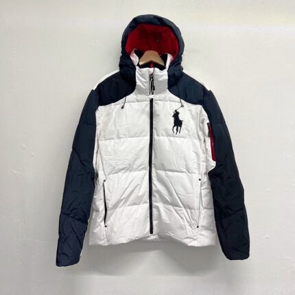 Men's brand hooded down jacket - high-quality quilted insulation, iconic pony logo, waterproof winter jacket, suitable for casual and outdoor wear - white, M