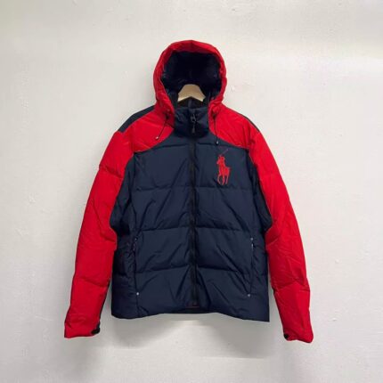 Men's brand hooded down jacket - high-quality quilted insulation, iconic pony logo, waterproof winter jacket, suitable for casual and outdoor wear - Red, M