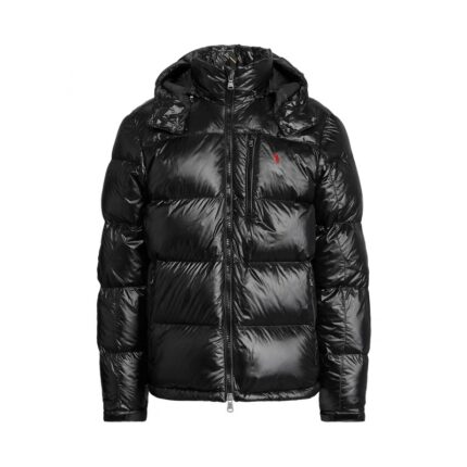 Black shiny brand hooded down jacket - waterproof and warm winter coat, red pony embroidery, suitable for men's fashion and outdoor wear