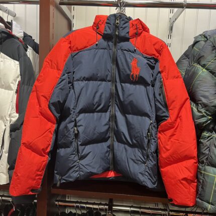 Brand men's color blocked hooded down jacket - stylish contrasting design, plush insulation, windproof zipper jacket, suitable for cold weather - Red, XL