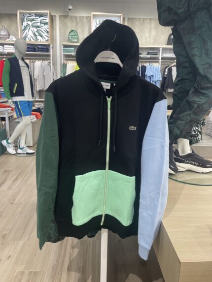 Color blocked brand zipper hoodie - Navy green, red, and yellow casual sportswear, fashionable men's outerwear - BLACK, M