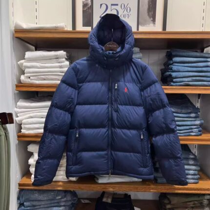 Navy Blue Hooded Down Jacket - Thick Warm Winter Waterproof Jacket with Brand Red Logo, Suitable for Men's Daily and Leisure Use - BLUE, XXL