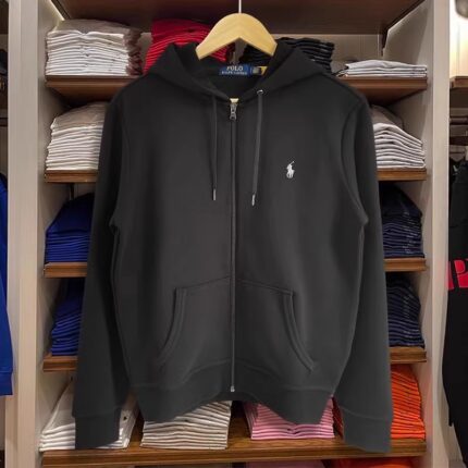 Brand Black Full Zipper Hoodie - White Pony Logo Casual Sweatshirt Multi functional Men's Office Casual Wear - BLACK, XS