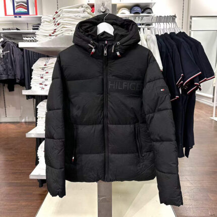 Men's hooded down jacket - dark green quilted jacket, fashionable brand embroidered warm winter clothing, with adjustable hood - BLACK, XL