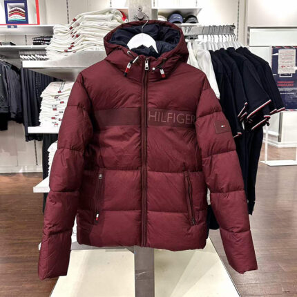 Men's hooded down jacket - black quilted jacket, fashionable embroidered warm winter outfit, with adjustable hood - Red, L